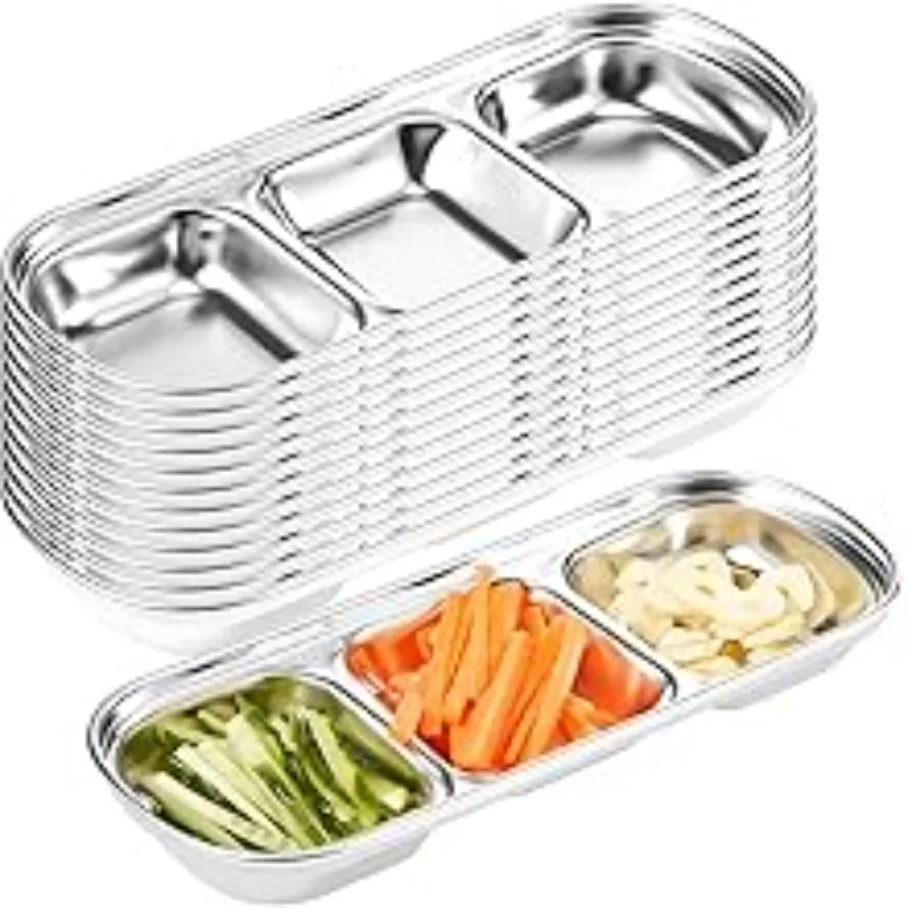 

3-compartment Sauce Dish Stainless Steel Soy Tomato Sauce Salt Vinegar Sugar Spiced Flavor Condiment Dip Bowls Korean BBQ
