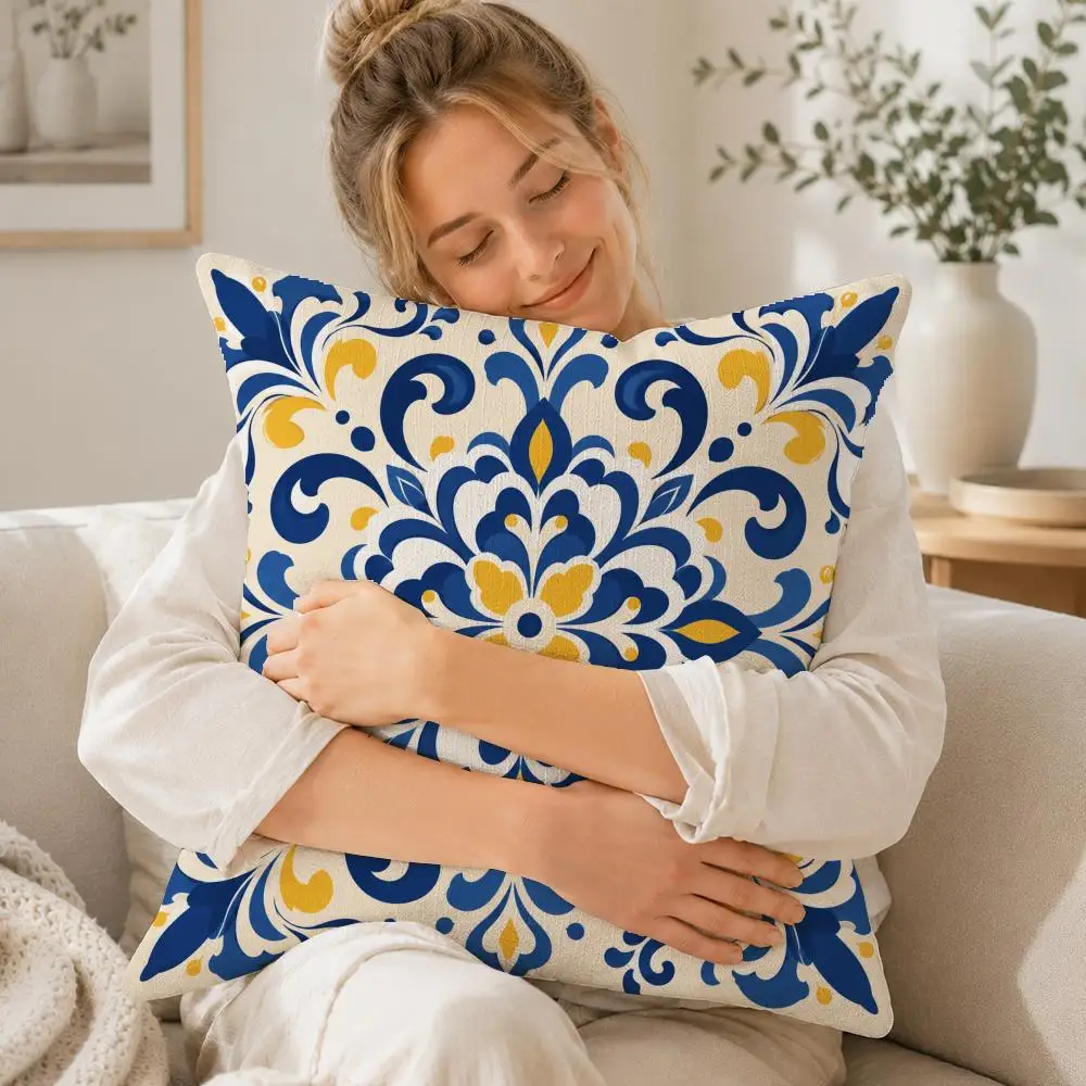 Portuguese Azulejo Style Cushion Cover Linen Cushion Cover, Double-Sided Printed Pillow Cover for Sofa Home Decor