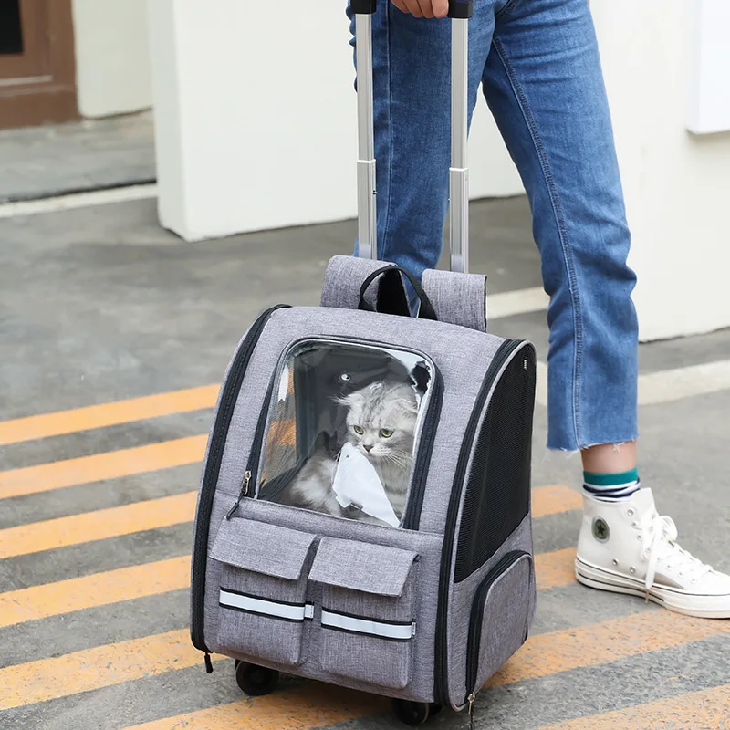 Fashionable Foldable Cat Rolling Bag Pet Dog Carrier Backpack with Wheels