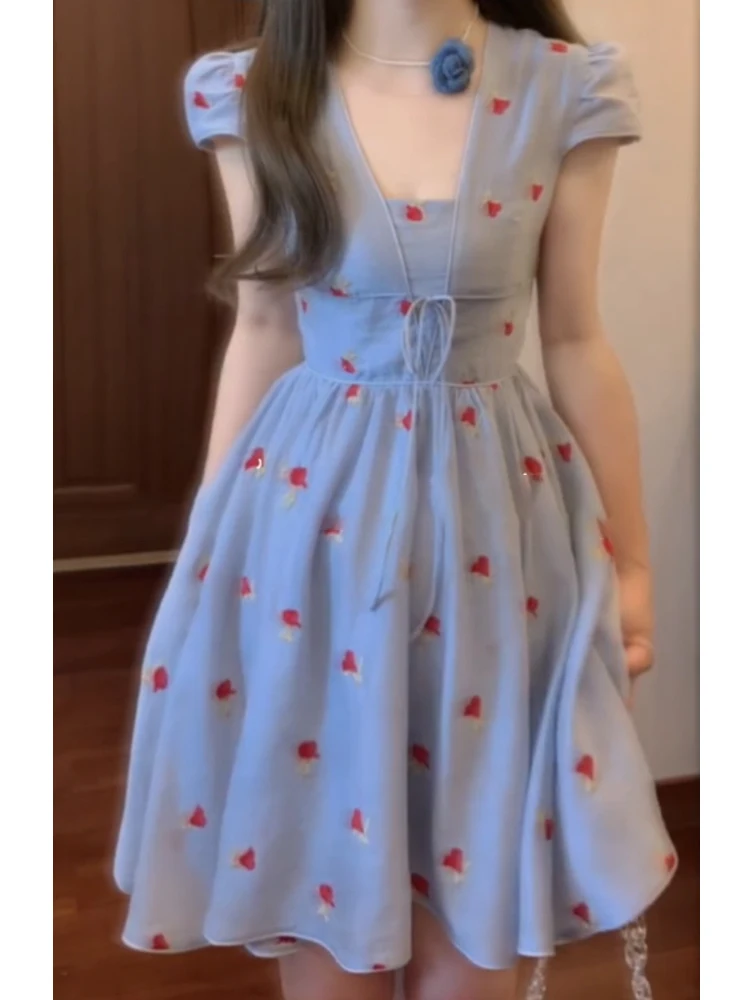 

Летнее модное женское платье XZY Sweet Holiday Style синего цвета с цветочным принтом, больших размеров, А-силуэт, короткая юбка, с эффектом утяжки талии