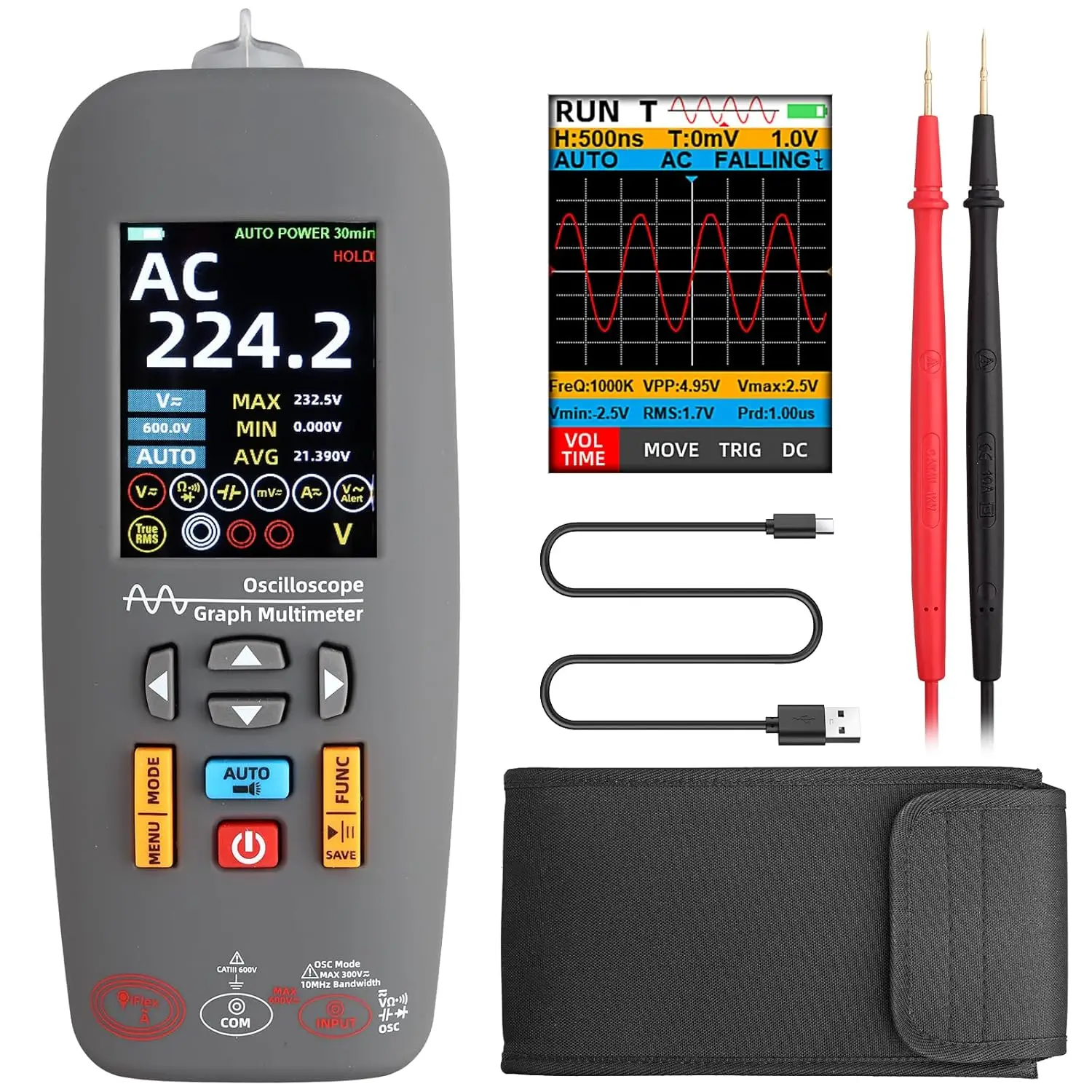 ALLmeter 3-in-1-Oszilloskop-Multimeter mit 10 MHz Bandbreite, 48 MSa/s-Abtastung, 10.000 Zähler, 10 MΩ/600 V Sicherheit