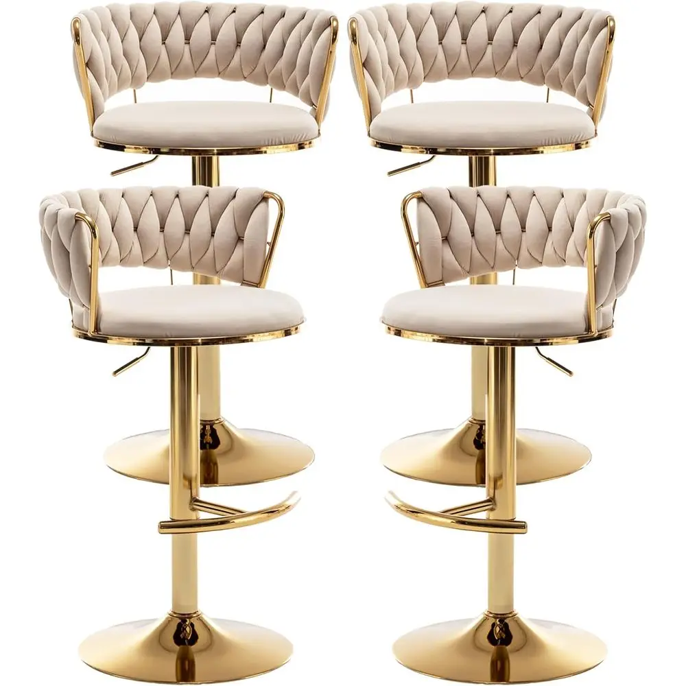 Set of 4 Velvet Swivel Bar Stools with Woven Backrests, Adjustable Height for Kitchen Island or Dining Room (Beige)
