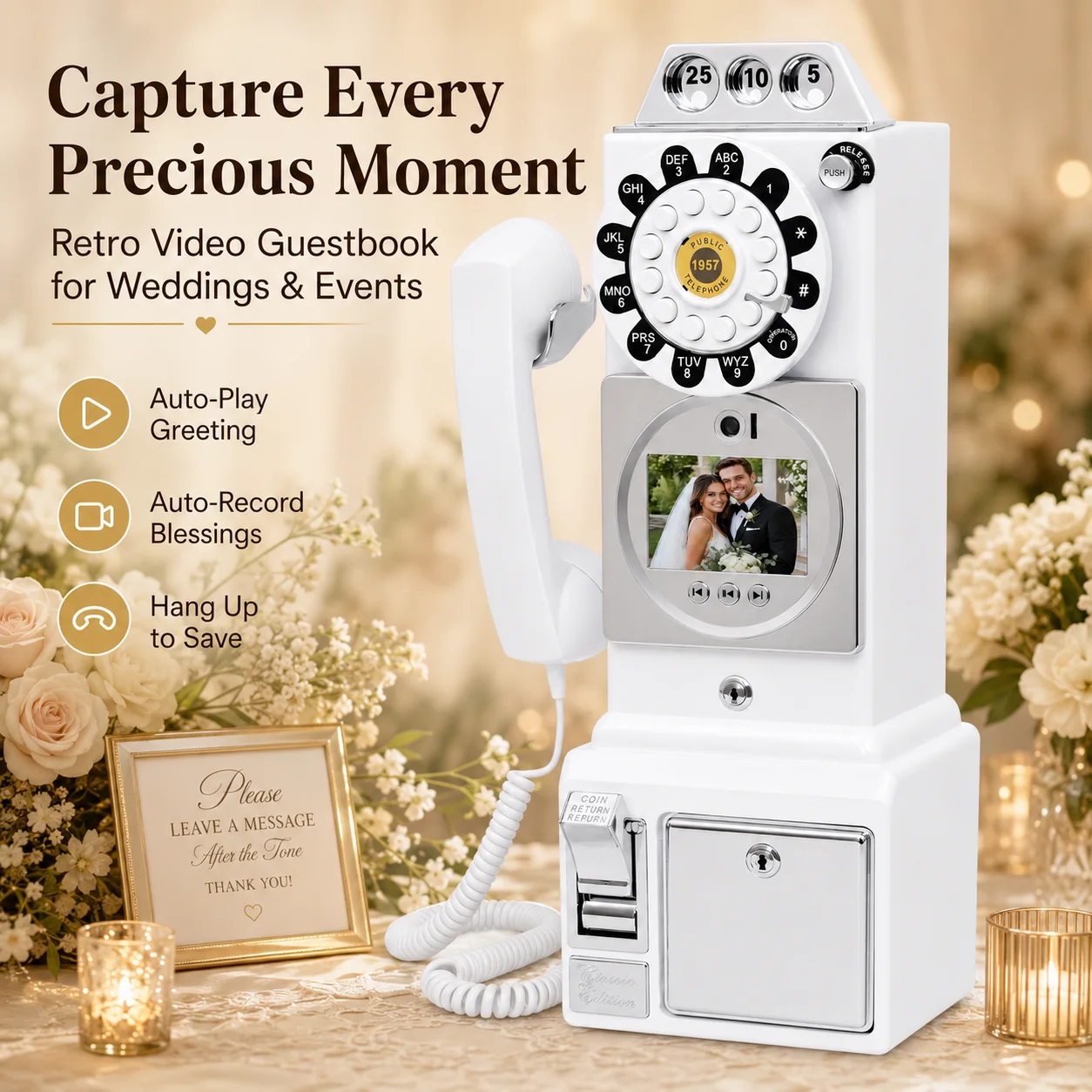 32GB Retro Video Audio Guestbook Phone, Auto Record Wedding Birthday Party Proposal Messages, Vintage Keepsake