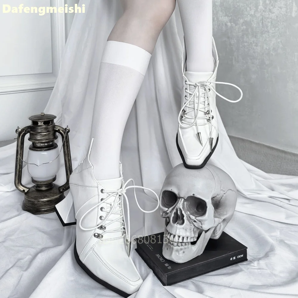 White Leather Square Toe Ankle Boots Front & Back Lace Up Block Heels Women Gothic Lolita Cosplay Daily Elegant Fashion Boots - view 4