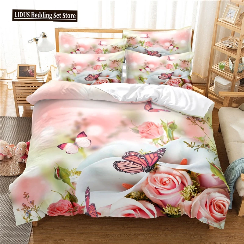 

Butterfly Duvet Cover Set 3D Print Pink Rose Flowers Romantic Comforter Cover King Size For Kid Boy Girl Polyester Bedding Set