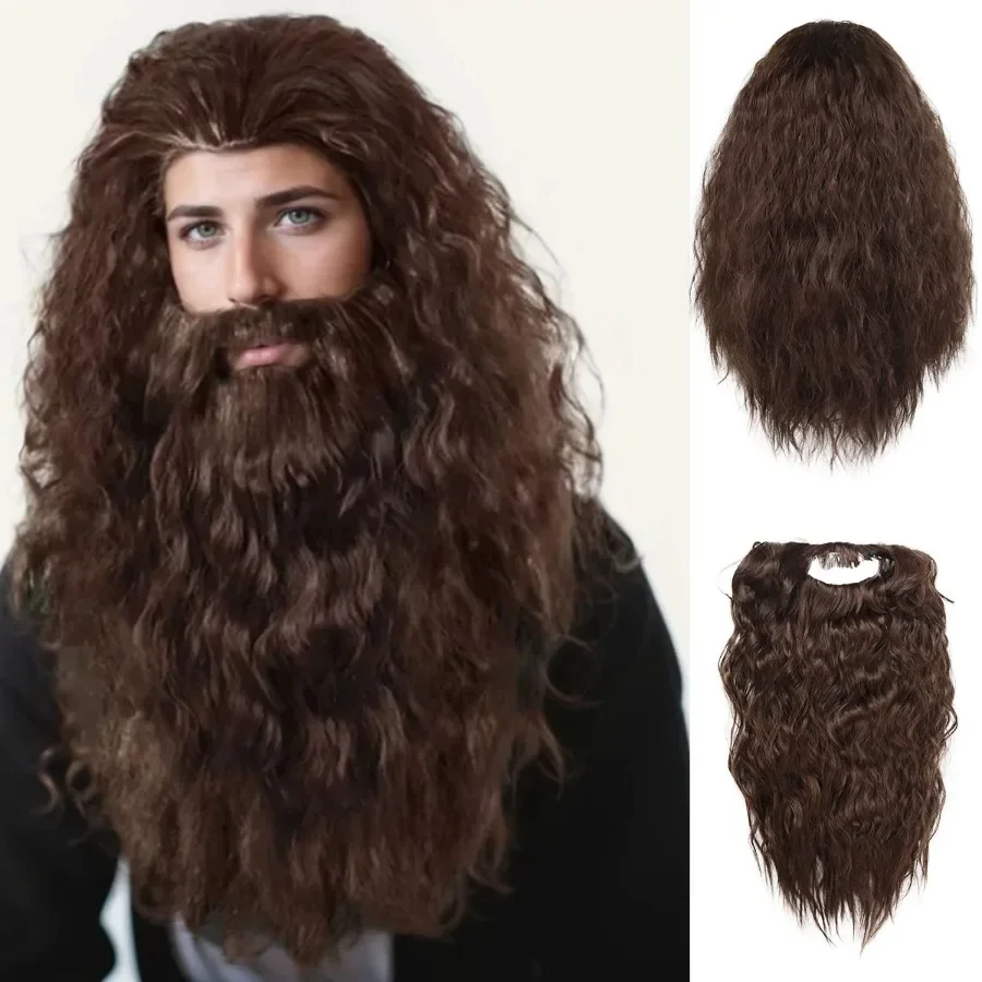 Long Wizard Hair and Beard for Dumbledore Christmas Cosplay Wig Men Brown Synthetic Wigs Warlock Bearded Halloween Party Costume