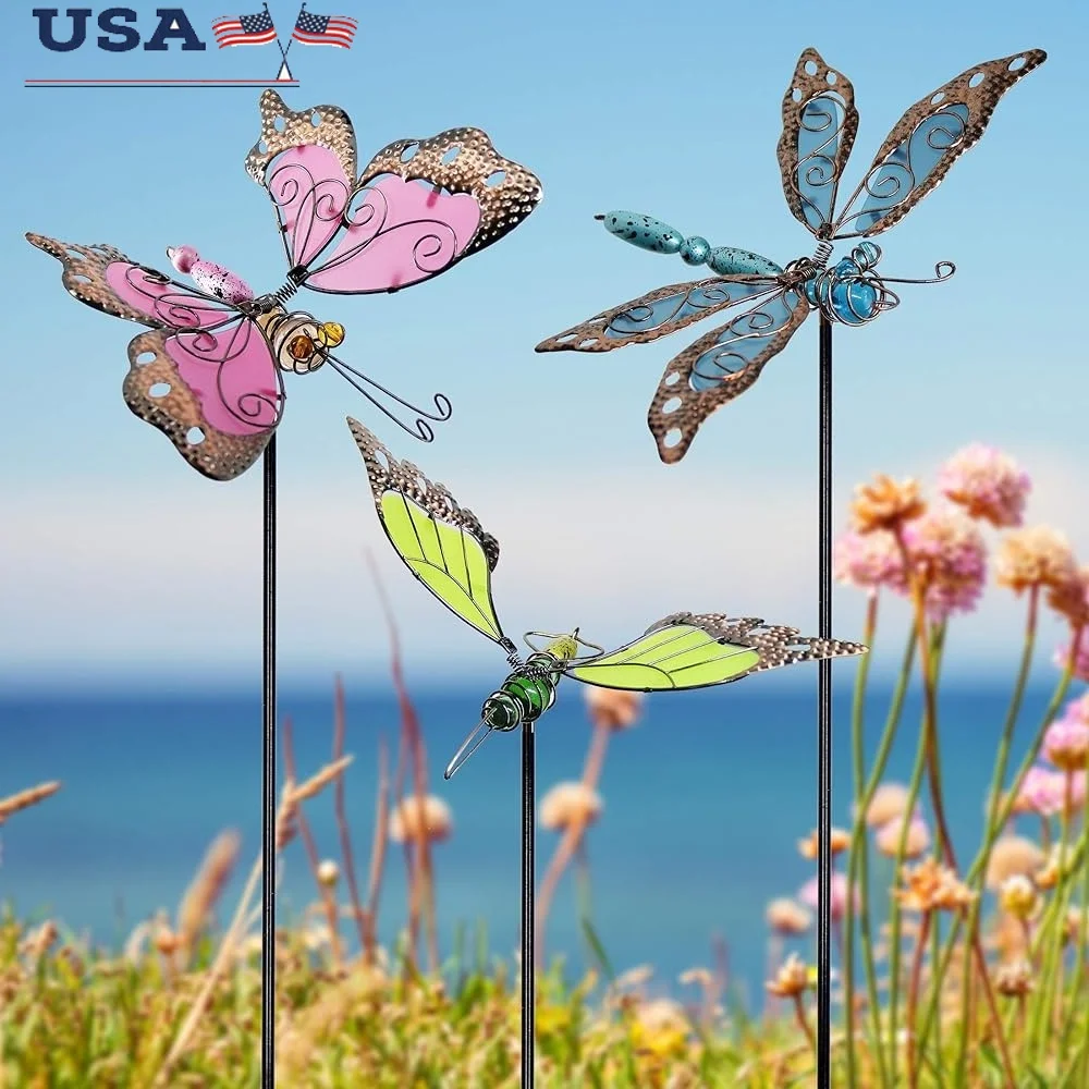 

34 Inch Butterfly Garden Stakes Dragonfly Hummingbird Glowing Yard Art Indoor Outdoor Decor Mother's Day Gift Metal Garden