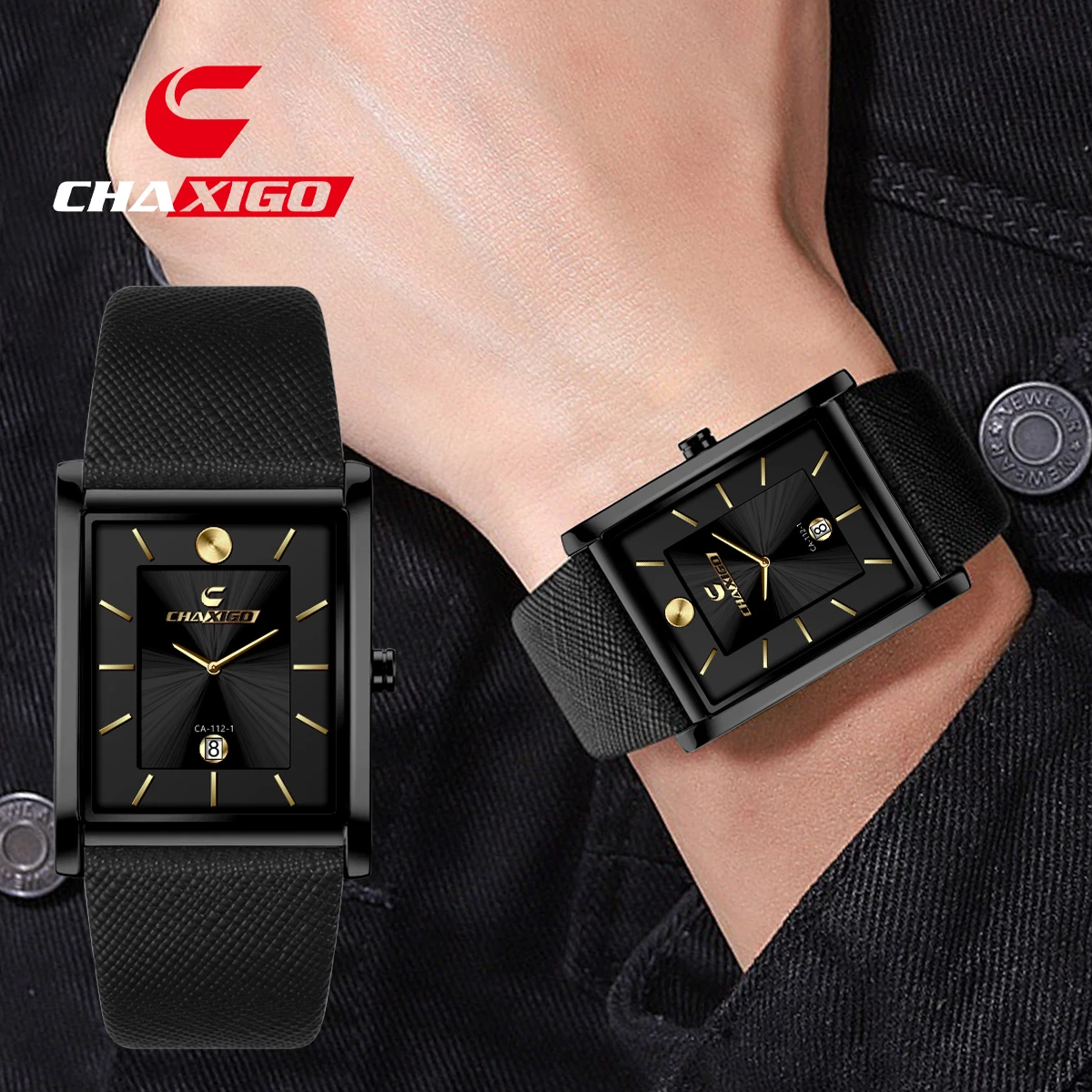 

CHAXIGO Men's Fashion Casual Leather Strap Square Watch Pin Buckle Mineral Glass 30m Waterproof Business Watch