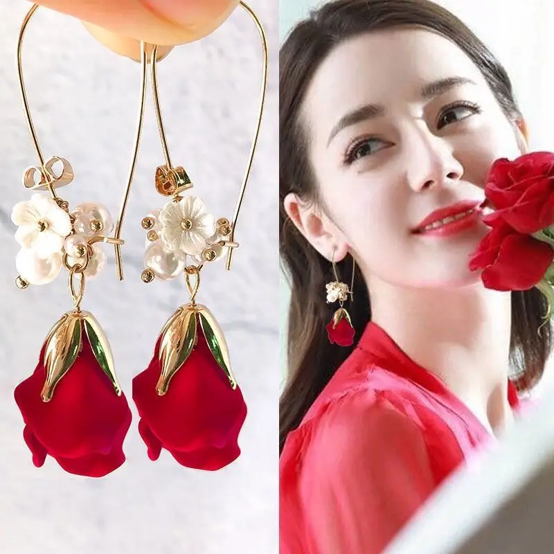 Rose petal big ear ring earring Japan and South Korea new tide long money temperament star ear nail earring pendant red female a