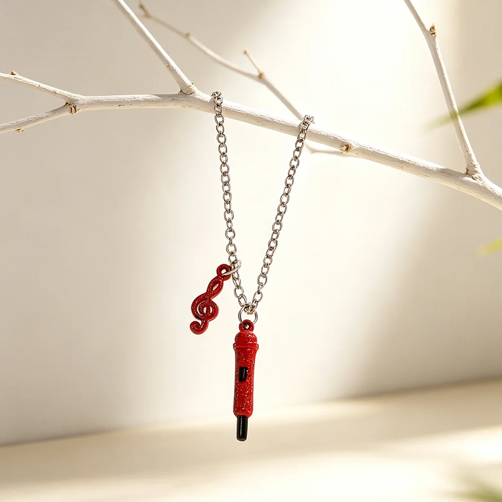 Red Microphone & Treble Clef Charm Necklace, Glitter Music Note Enamel Pendant Necklace, Music Lover Singer Statement Jewelry