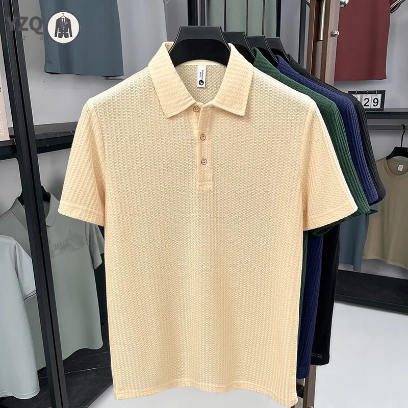 Outdoor leisure male lapel polo t shirt honeycomb waffle breathable sweat wicking lightweight three notch neck tee