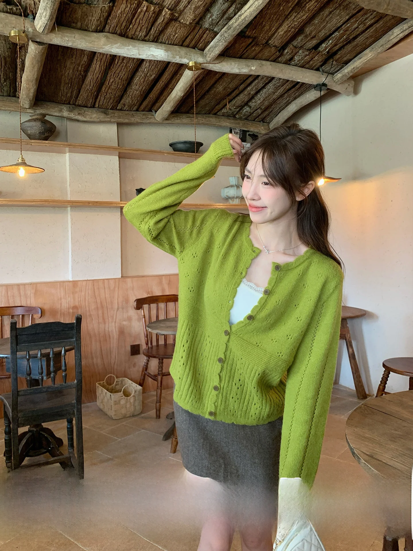 

Morning Bloom een Hollow out Knitted Open Cardigan Women's Spring Autumn Loose Casual Sweater Jaet Korean Sle Daily Wear