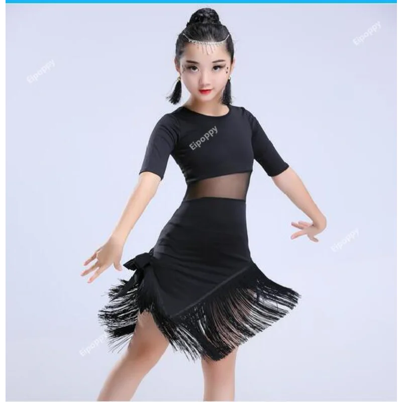 Vestido de baile latino para niñas, ropa de baile latino con flecos, Salsa, Tango, salón, negro