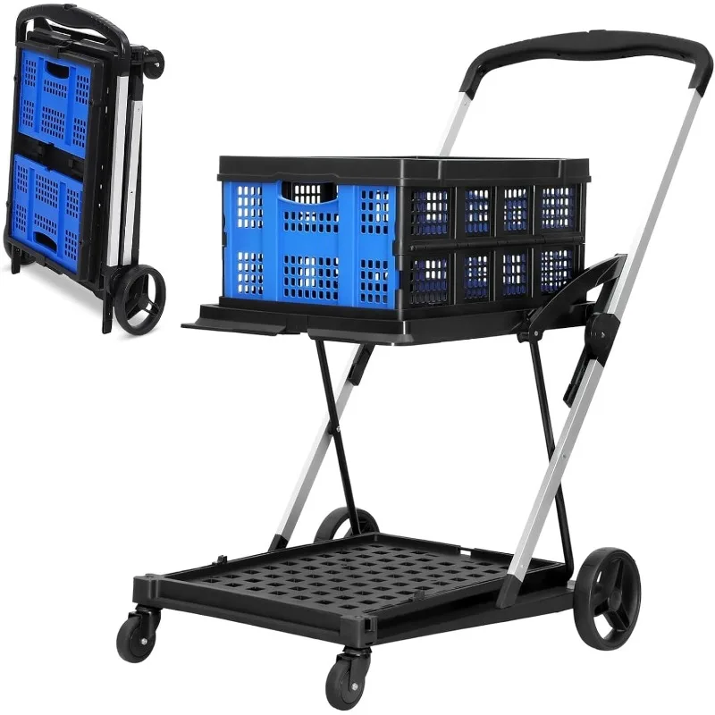 

PioneerWorks Folding Shopping Cart with Wheels, Collapsible Cart with Storage Crate,2-Layer Utility Carts, High-Capacity Storage