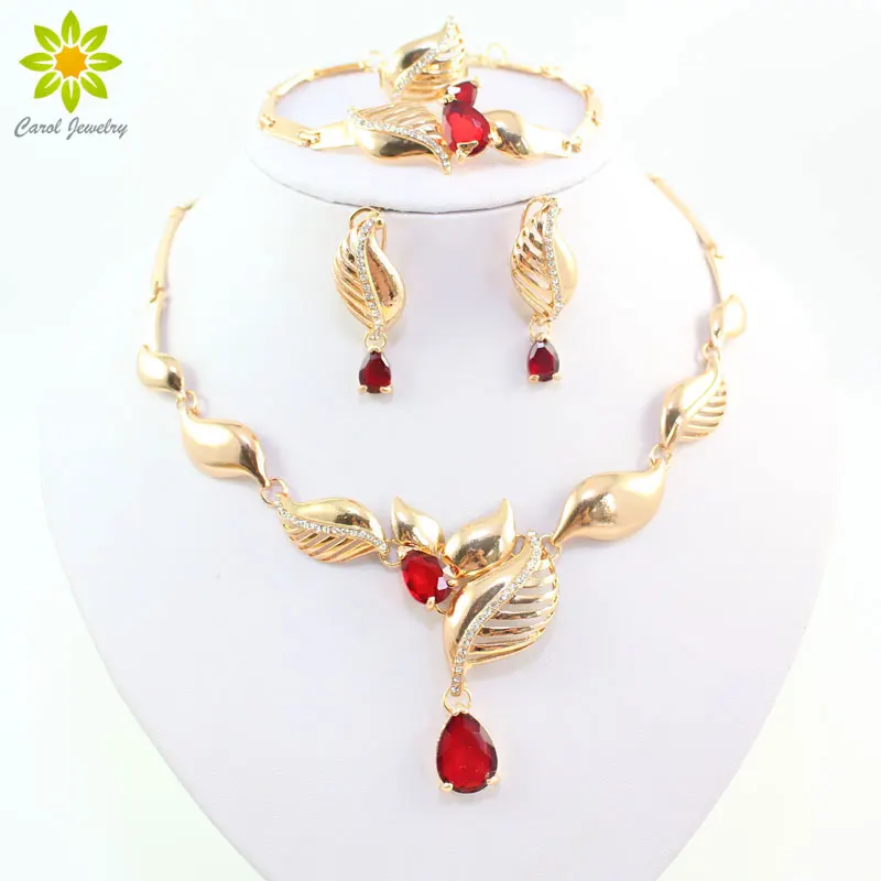 Fine Jewelry Sets Fashion Crystal Rhinestone Red Zircon Gold Color African Beads Necklace Set Wedding Bridal Jewellery Costumes