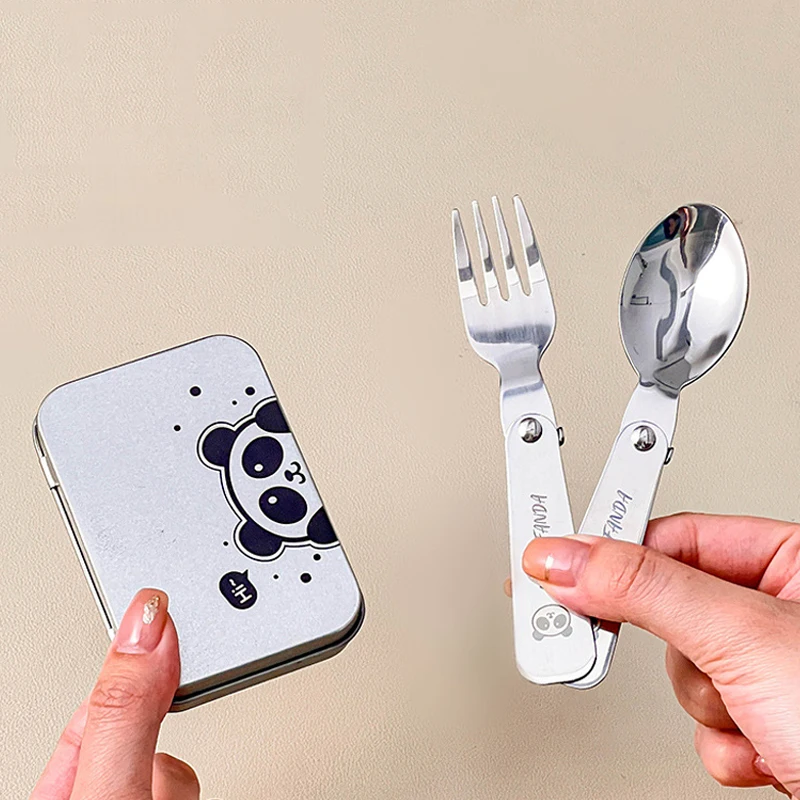 Outdoor 2Pcs/Box Portable Foldable Dinnerware Set 304 Stainless Steel Folding Fork Spoon With Cutlery Box Cute Picnic Tableware