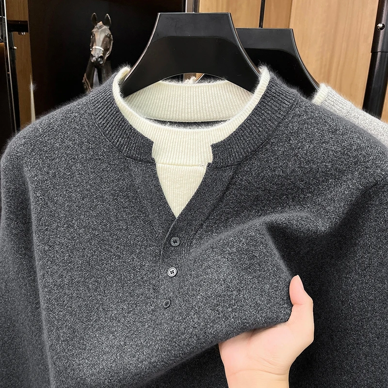 High end fake two-piece knitted sweater luxury men new fashion button splicing round neck comfort casual autumn winter pullover