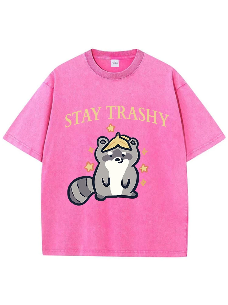 Stay Trashy Cute Pattern Printing Male Washed T Shirt Summer Casual Tshirt Street Hip Hop Clothes Fashion Loose Distressed Tee