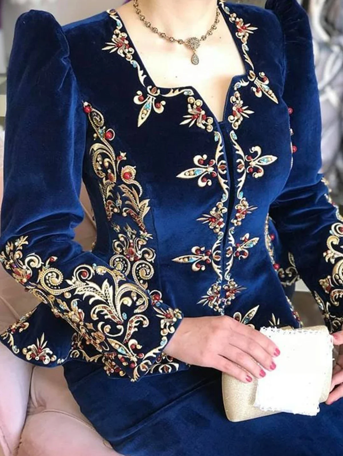 Elegant Chic Women Tops Floral Embroidered Deep V Neck Slim Waist Peplum Long Sleeve Design Asymmetric Vintage Velvet Blouse