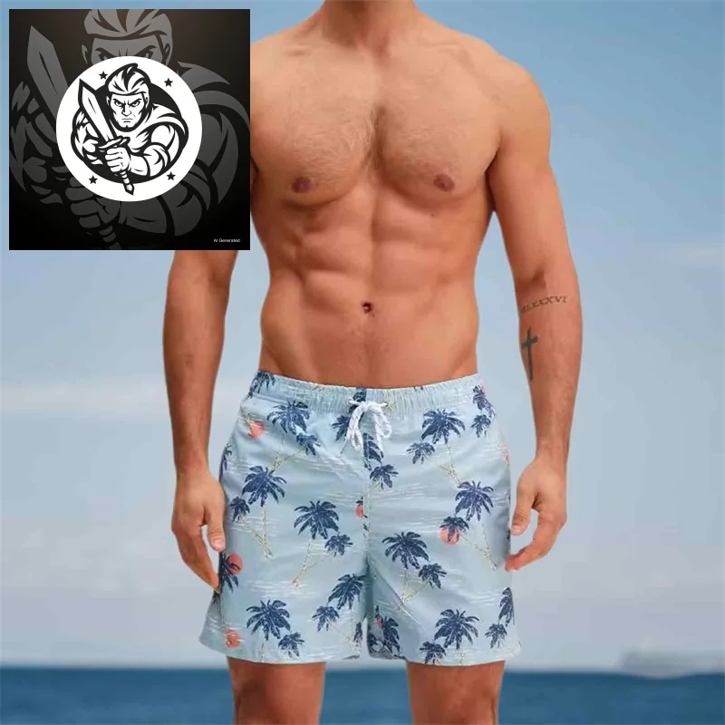 

2025 Men's Swim Trunks Quick Dry Beach Shorts with Drawstring Elastic Waistband Tropical Palm Leaf Print Swimwear for Summer