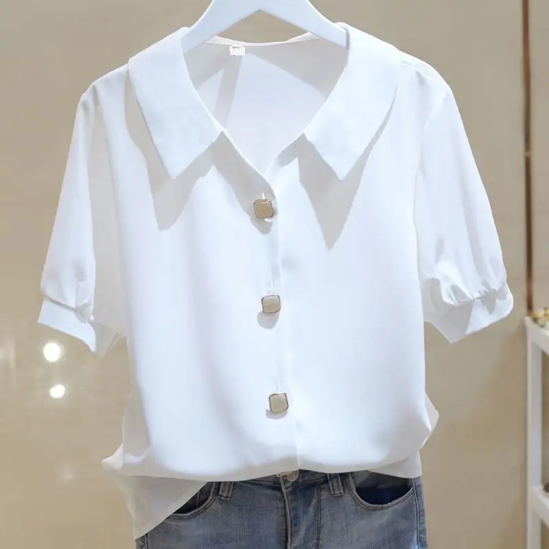 

Blouses Femme Tops Women Turn Down Collar Blouse Women 2024 Summer White Blouse Short Sleeve Chiffon Blouse Shirt Z863