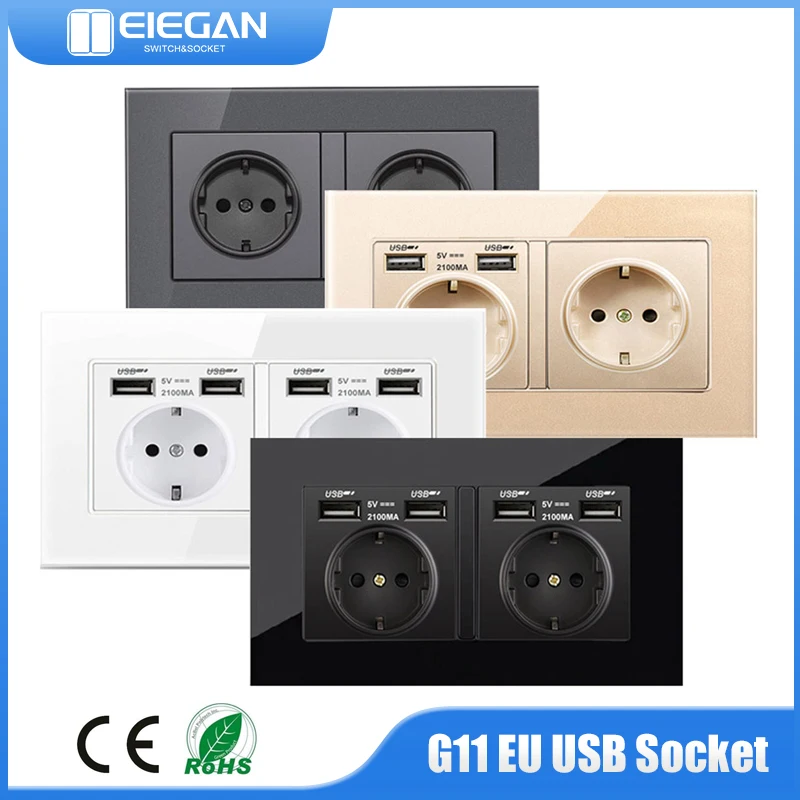 

ELEGAN G11 EU Standard Wall Power Socket with Dual USB Charger AC 110-250V 16A Combination Crystal Glass Grounded Panel Outlet