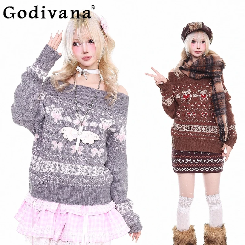 

Christmas Jacquard Off Shoulder Sweater for Women Autumn Winter Slimming Knitted Top Female Japanese Style Casual Jumpers