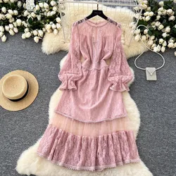 New Autumn Fashion Embroidery Lace Hollow Out Dress For Women Flare Long Sleeves Sweet Pink Elegant Dresses Female Clothing