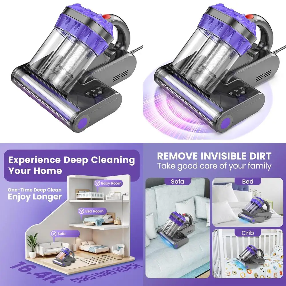 

Ручной пылесос для кроватей с силой всасывания 16 кПа, УФ-С светом и горячим воздухом, 550 Вт, для диванов, кушеток, детских кроваток