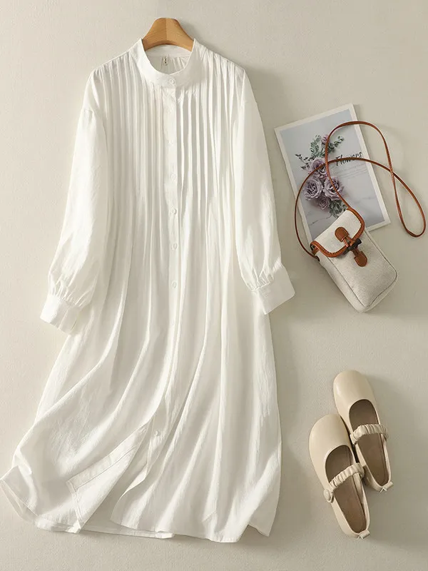 

High-End Casual Long Sleeve Midi Dress Loose Design Large Size Pure Color Stand Collar Shirt Dress French Style Loose Fit