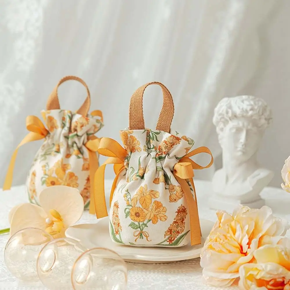 Floral Canvas Drawstring Bag Bird Korean Style Festive Sugar Bag Wedding Candy Bag Jewerly Packing Bag Bowknot Handbag