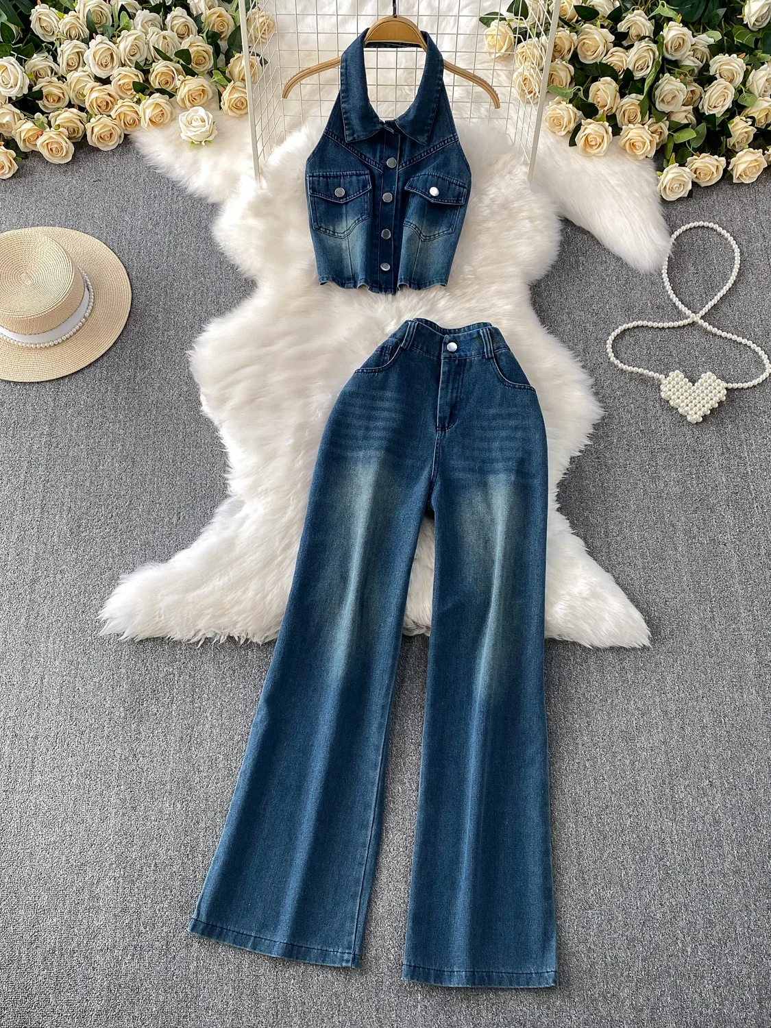 

Sexy Sweet And Spicy Bal Crop Top And High Waist Wide Leg Pants Denim Vest Set for Young Women Summer Faion Outfit