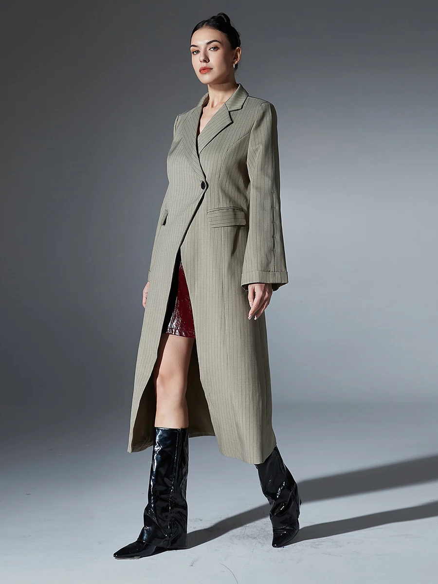 TWOTWINSTYLE Striped Ptchwork Pockets Irregular Trench For Women Lapel Long Sleeve Spliced Button Chic Loose Long Coats Female