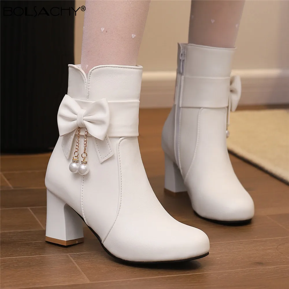 2024 Autumn New Women Side Zipper Bow Chain Beadwork Мартин Cапоги Comfortable Square Mid Heel Ankle Boots Fashion Shoes Chelsea