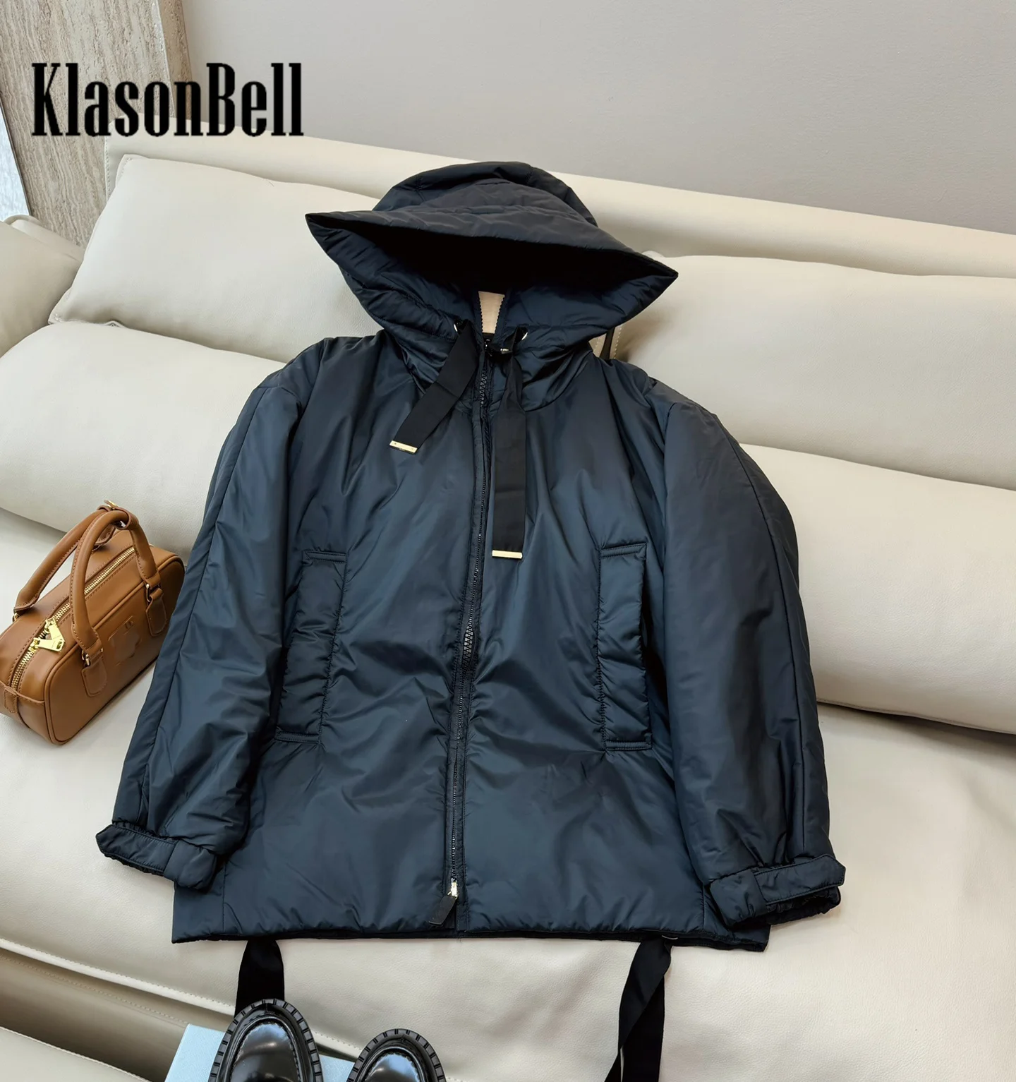 8.28 KlasonBell-Women Camel Hair Parkas Hooded Lace-up Long Sleeve Loose Double Zipper Keep Warm Mid-Length Outerwear