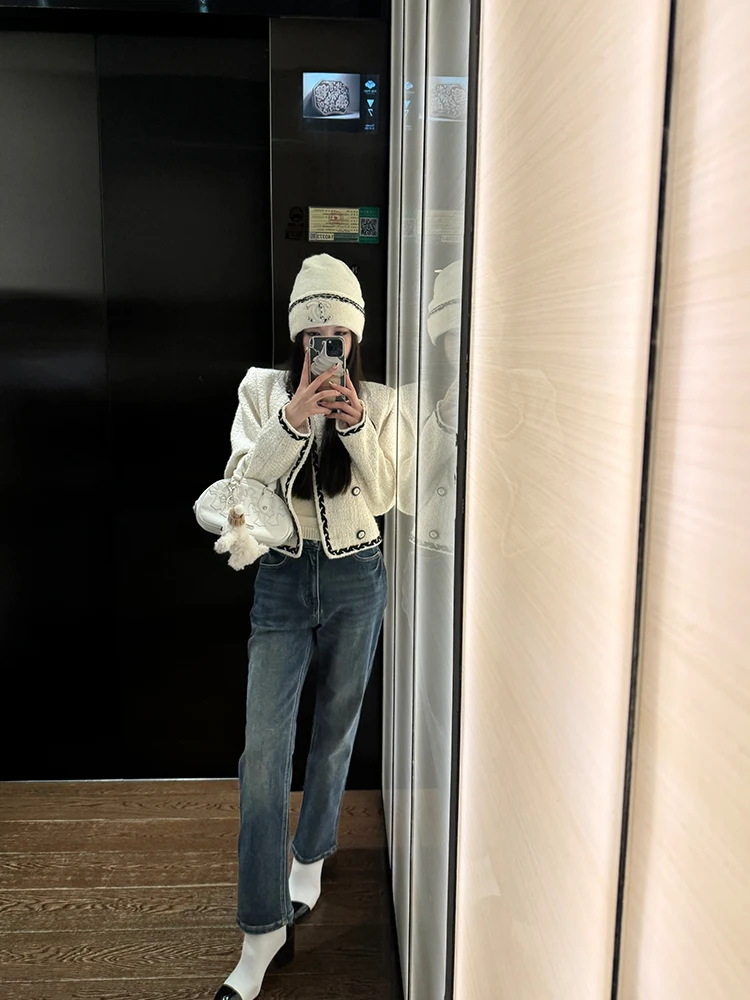 

Sister Titi Retro Blue Jeans Women's High Waist Straight Leg Cotton Stretch Denim Blue Color Blo Slim Fit Casual Trousers