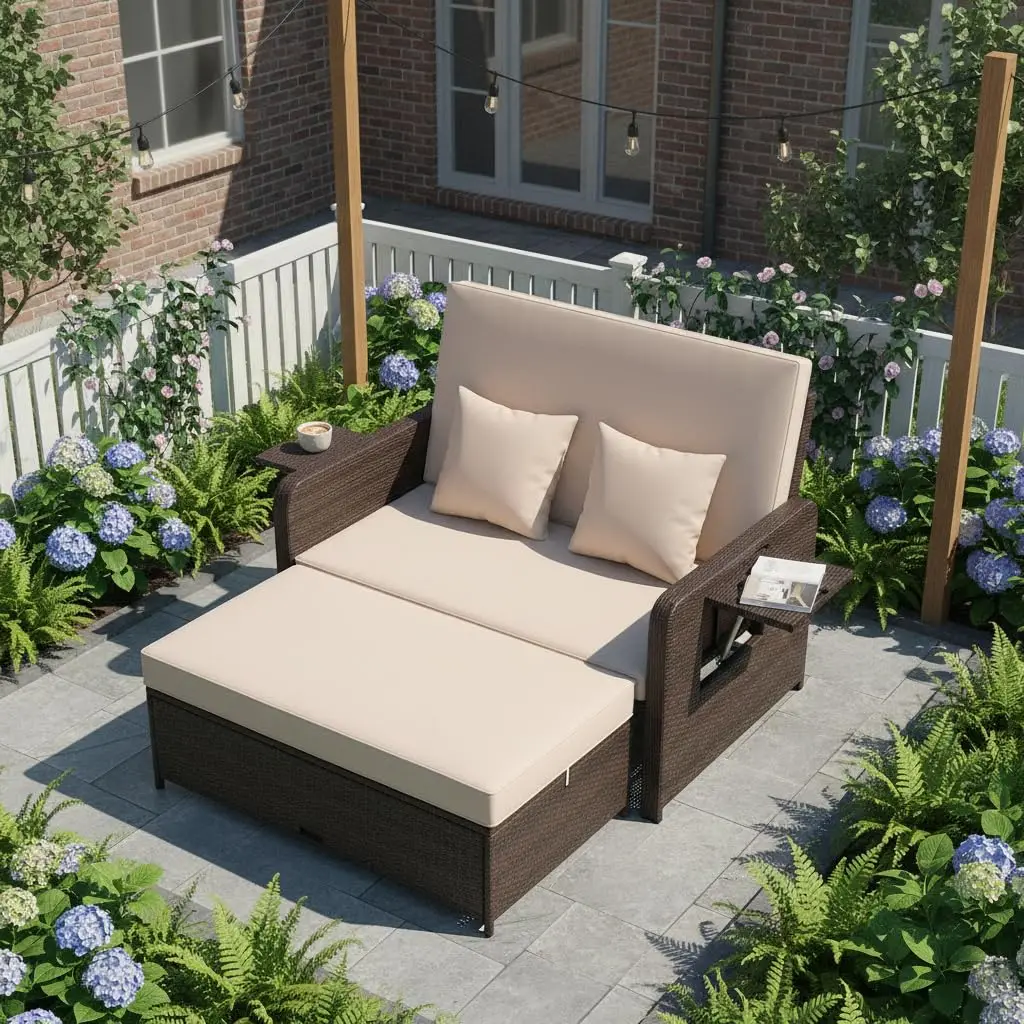 Rattan Daybed with 4-Level Adjustable Backrest, Wicker Loveseat with Storage Ottoman & Folding Tray, Double Sunbed Customized