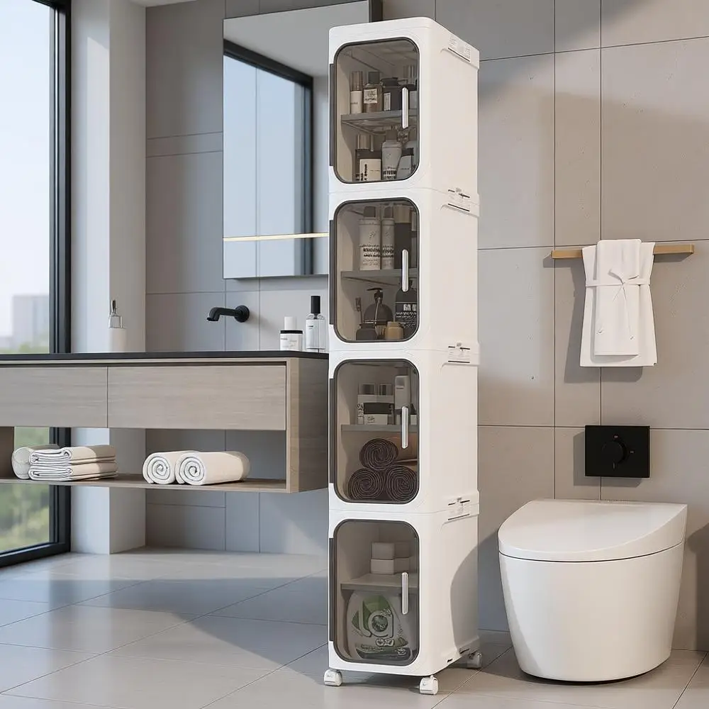 

4-Tiers Slim Bathroom Storage Cabinet, Foldable Storage Cabinets,Narrow Bathroom Storage,Movable Bathroom Storage Organizer for