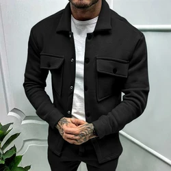 2026 New Men's Knitted Shacket Jacket Solid Black Lapel Cardigan With Double Chest Pockets Slim Fit Casual Coat For Men