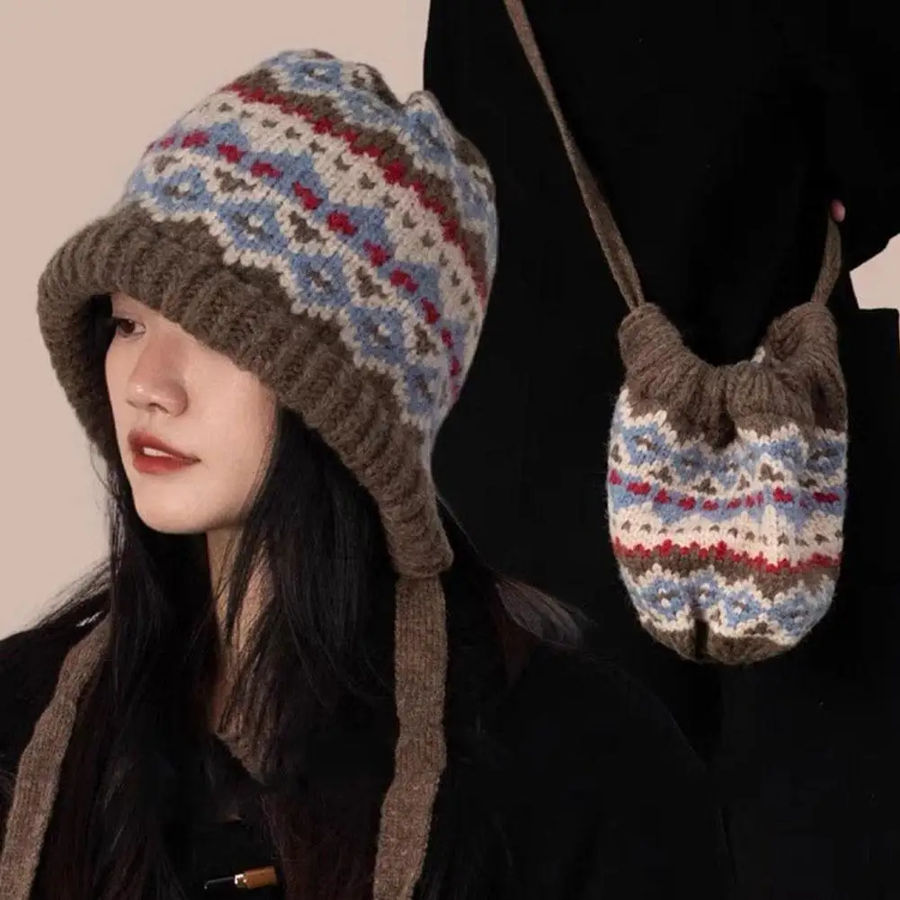 Winter Knitted Hat for Women Men Classic Striped Retro Beanie Thick Warm Ear Flap Cap for Autumn Winter