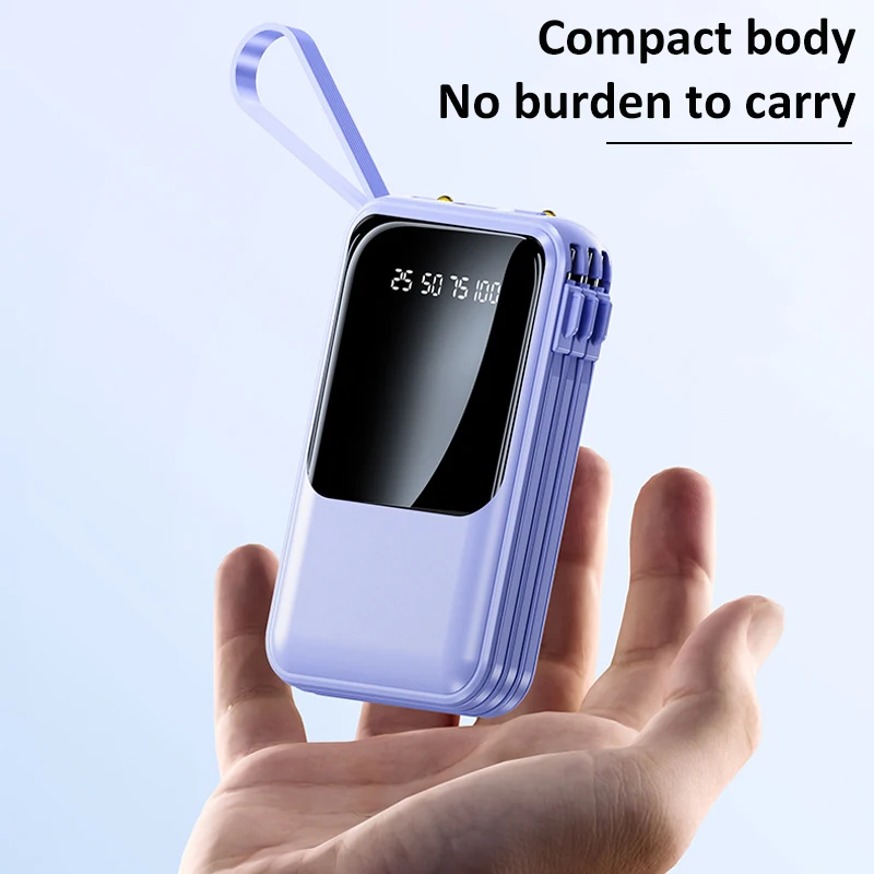 بنك طاقة محمول 10000 مللي أمبير في الساعة مدمج 4 كابلات شحن مصباح LED من النوع C/ منفذ USB ينطبق على إلكترونيات iPhone/Android وغيرها