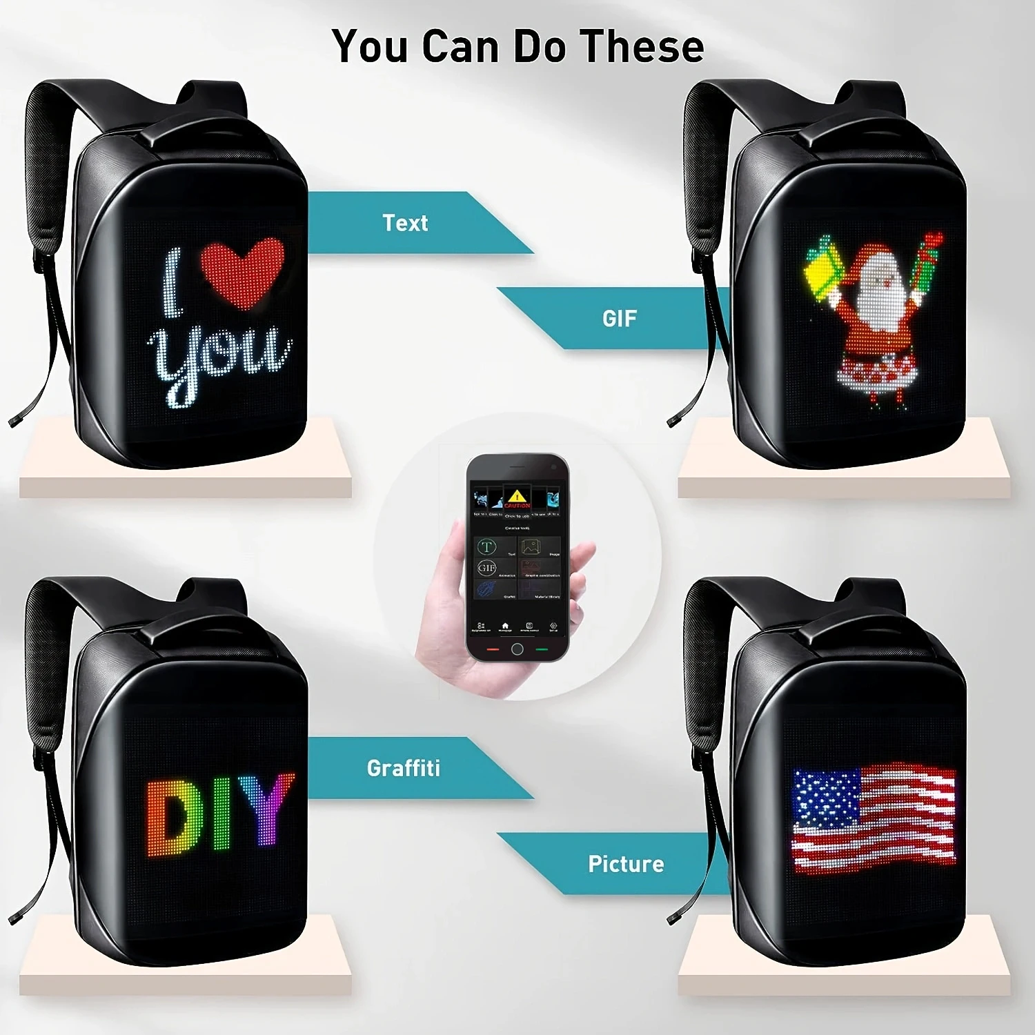 App Control LED Knight Backpack, Hard Shell Motorcycle Helmet Bag with DIY Programmable Full Color Screen, Waterproof Motorbike
