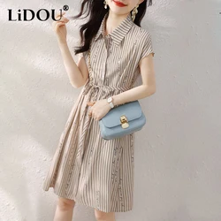 Summer Elegant Fashion Polo-neck Striped Printing Lace Up Dress Female Short Sleeve Casual Midi Robe Femme Waist Midi Vestidos