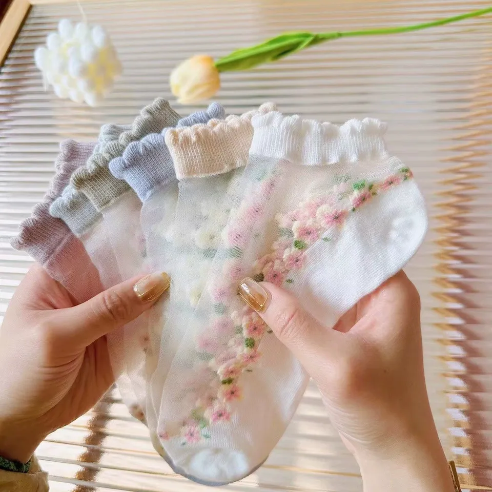 Breathable Short Socks Japanese Cute Little Fresh Ins Short Floral Glass Silk Women Socks Spring Summer Thin Crystal Boat Socks