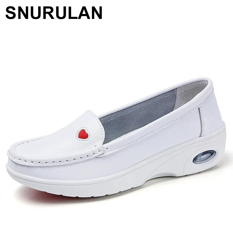 SNURULANWomen White Genuine Leather Flats Female Slip-on Ballet Flats Soft Boat Shoes Nurse Work Loafers High Quality Loafers