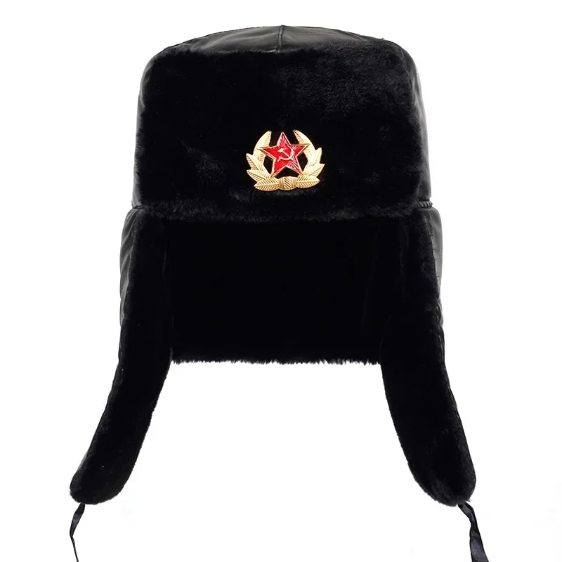 Soviet Army Military Badge Russia Ushanka Bomber Hats Pilot Trapper Trooper Hat Winter Faux Rabbit Fur Earflap Men Snow Caps