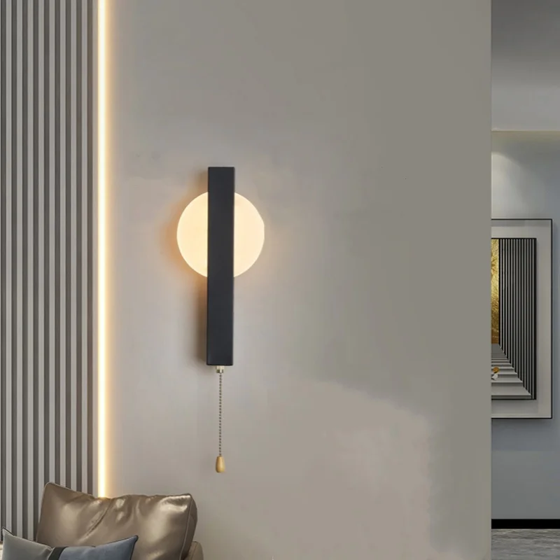 

LED Nordic minimalist modern pull cord switch wall lamp for bedroom bedside living room study corridor indoor lighting fixtures