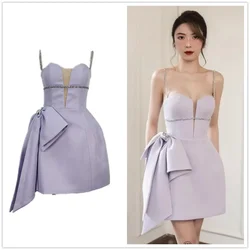 Light Luxury Dress Women French Rhinestone Spaghetti Strap Tweed Mini Dress Elegant Purple Bowknot Short Party Vestidos