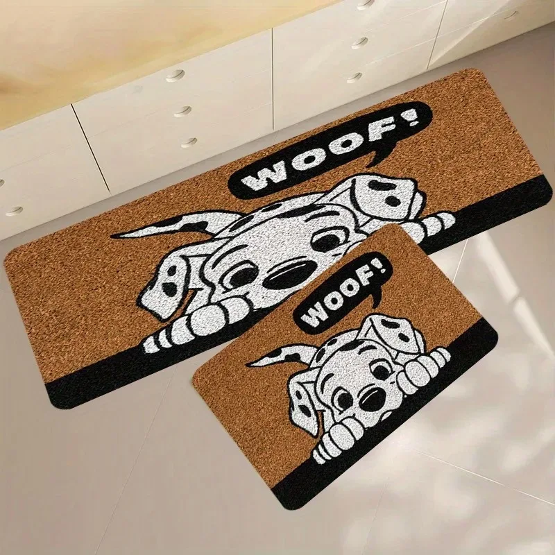 Cute Dalmatian Dog Kitchen Rug Set Floor Mat Woof Speech Bubble Cartoon Puppy Print Carpet for Kitchen Pet Lover Home Decor