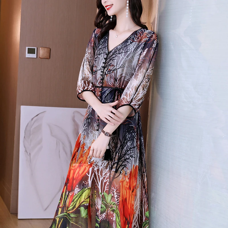 2024 Boho Floral Natural Silk Maxi Dresses Summer Vintage Casual Print Beach Midi Sundress Women Elegant Bodycon Party Vestidos